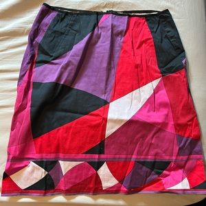 Tahari retro mini skirt pink, purple & black geometric. Size 8